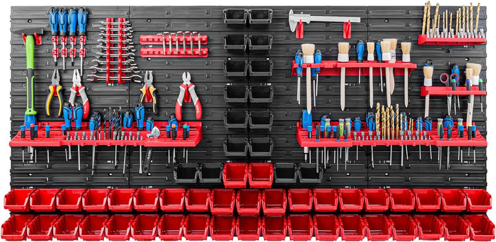 Lagersystem Werkstattregal | 156 x 78 cm | 56 stck. Box | Wandregal mit Werkzeughalterungen und Stap