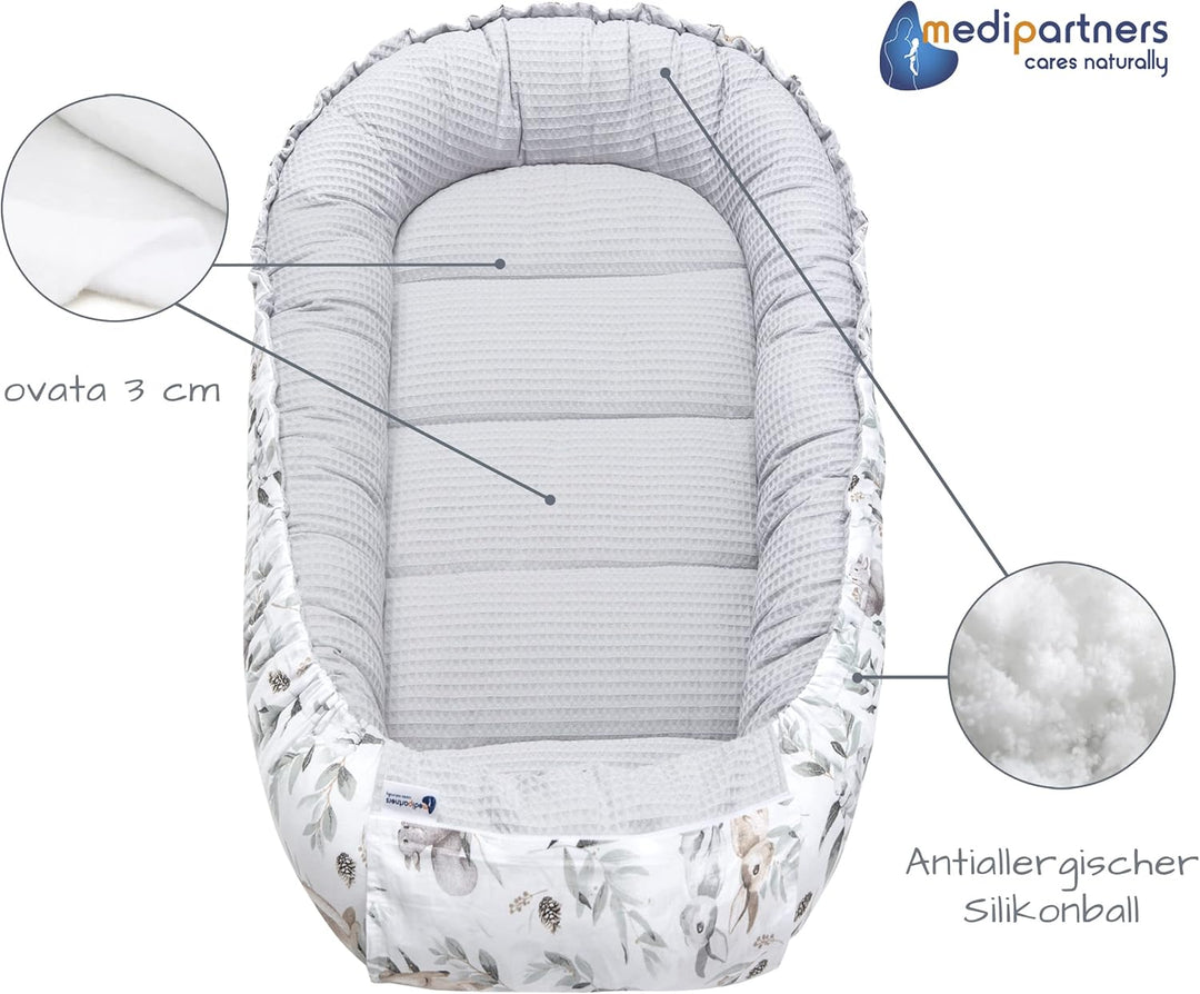 Medi Partners Babynest Kuschelnest Babynestchen 100% Baumwolle Waffle Nestchen Reisebett für Babys S