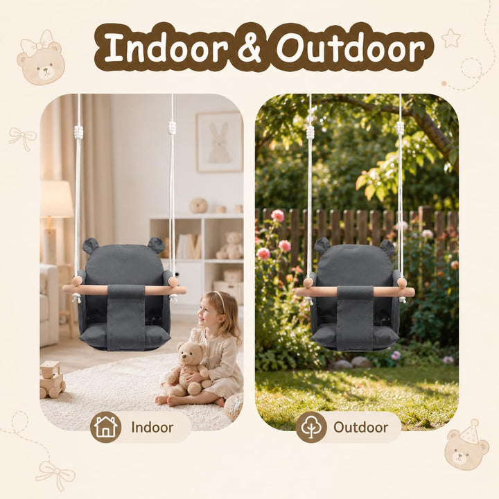 Babyschaukel Holz, Kinderschaukel, Hängeschaukel Baby für Indoor & Outdoor mit Sicherheitsgurt und B