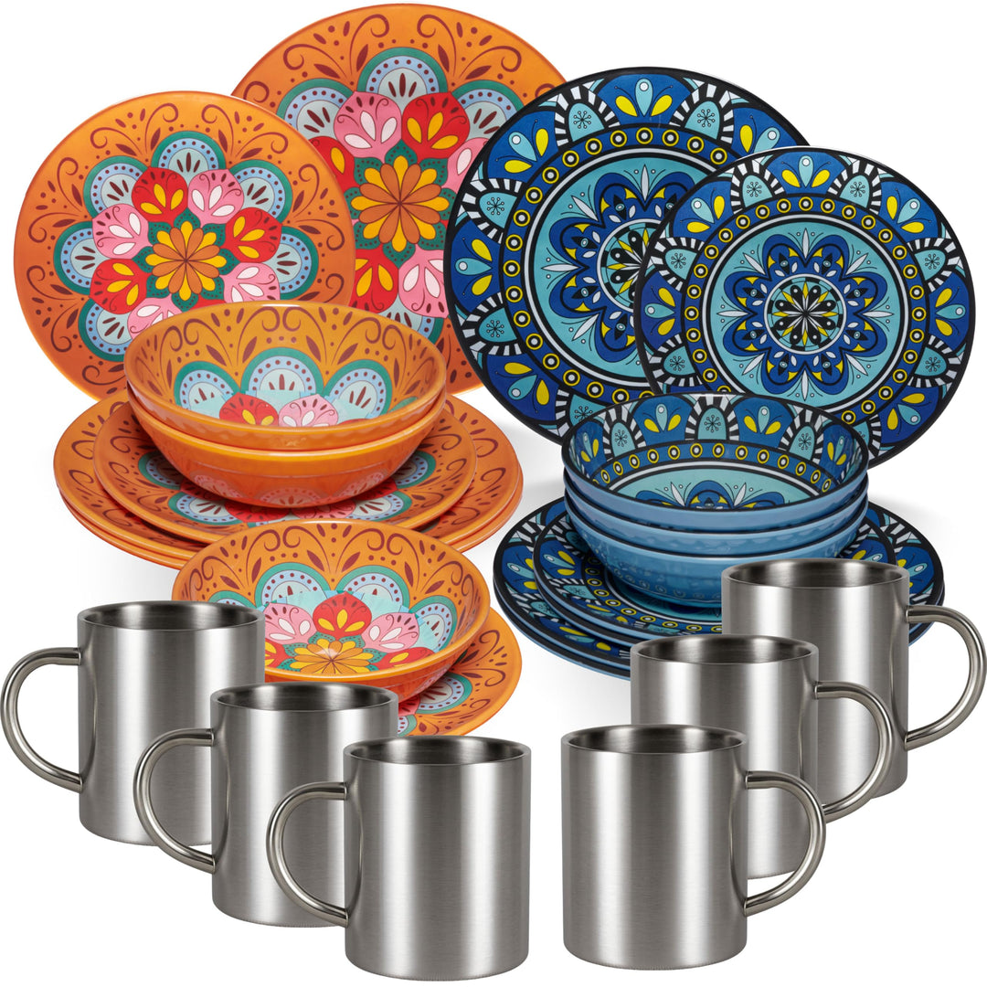 Melamin Geschirr Set Toskana Pastel - Orange-Blau - mit Edelstahltassen Mandala-Optik Spülmaschineng