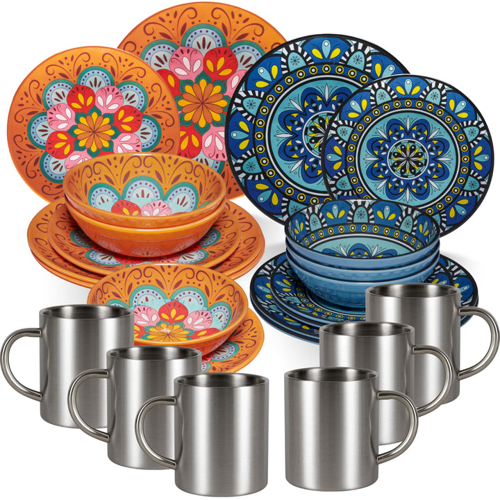 Melamin Geschirr Set Toskana Pastel - Orange-Blau - mit Edelstahltassen Mandala-Optik Spülmaschineng