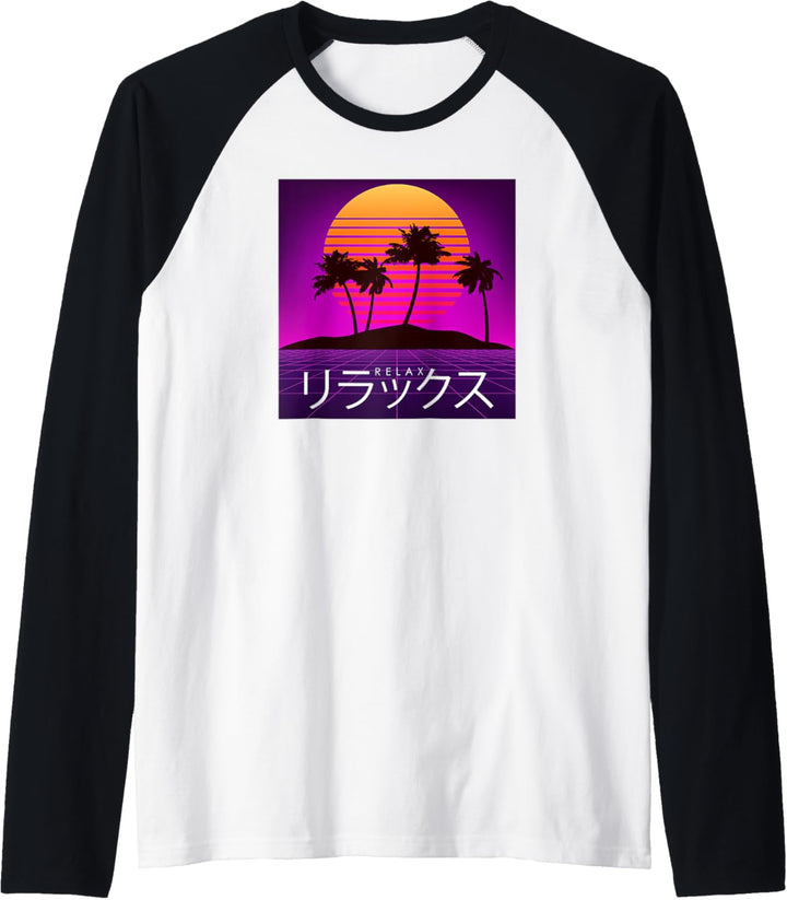 Relax Retro Sunset Grid Aesthetic Vaporwave 80s 90s Fashion Raglan