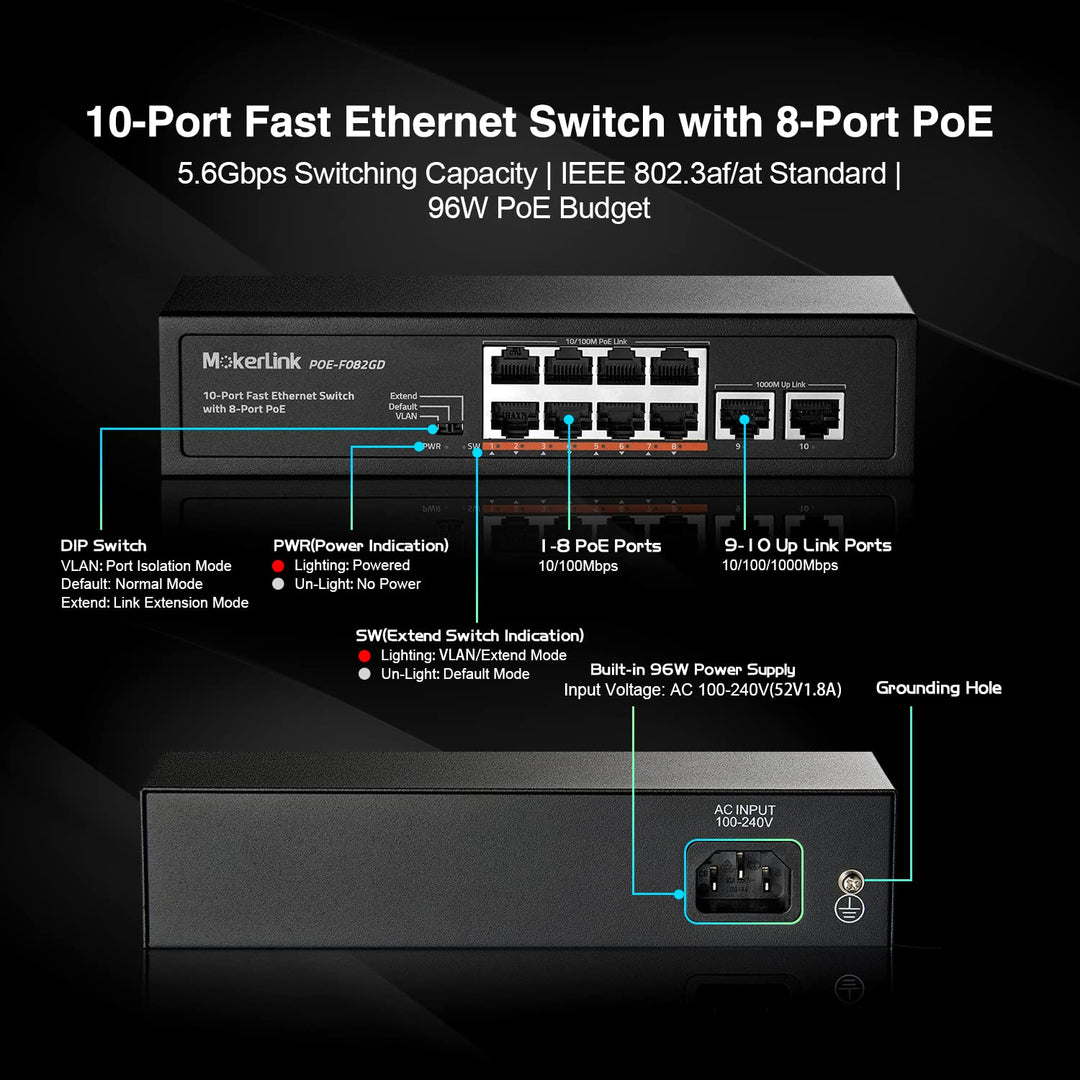 MokerLink 10 Port PoE Switch, 8 PoE+ 100Mbps, 2 Gigabit Uplink, 96W 802.3af/at, Lüfterloses Plug & P