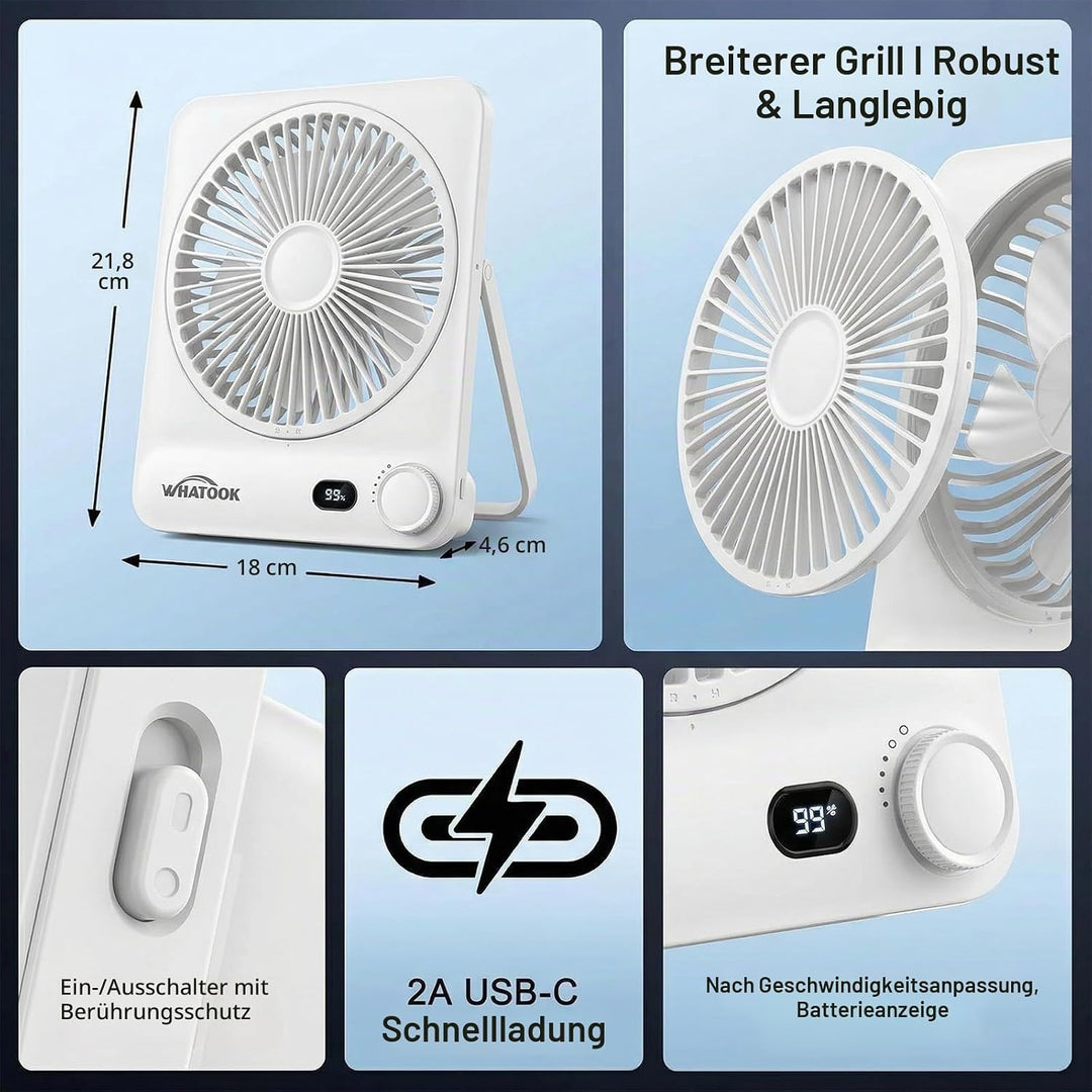 Akku Ventilator 10000mAh 40H mit 100 Stufen: Stufenlos Regulierbarer Tischventilator leise mit Wandh
