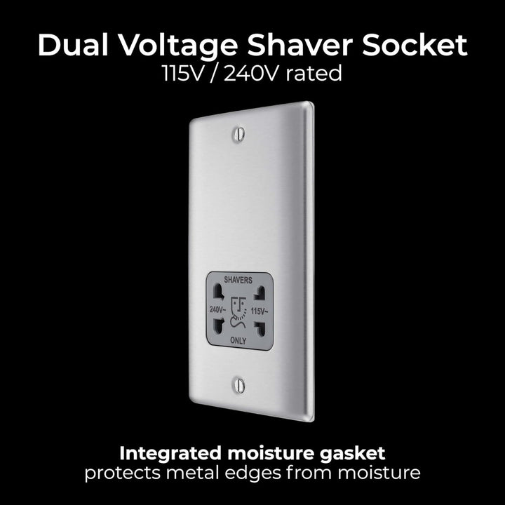 BG Electrical NBS20G-01 115- und 230-Volt-Rasierersteckdose, spannungsumschaltbar, gebürsteter Stahl
