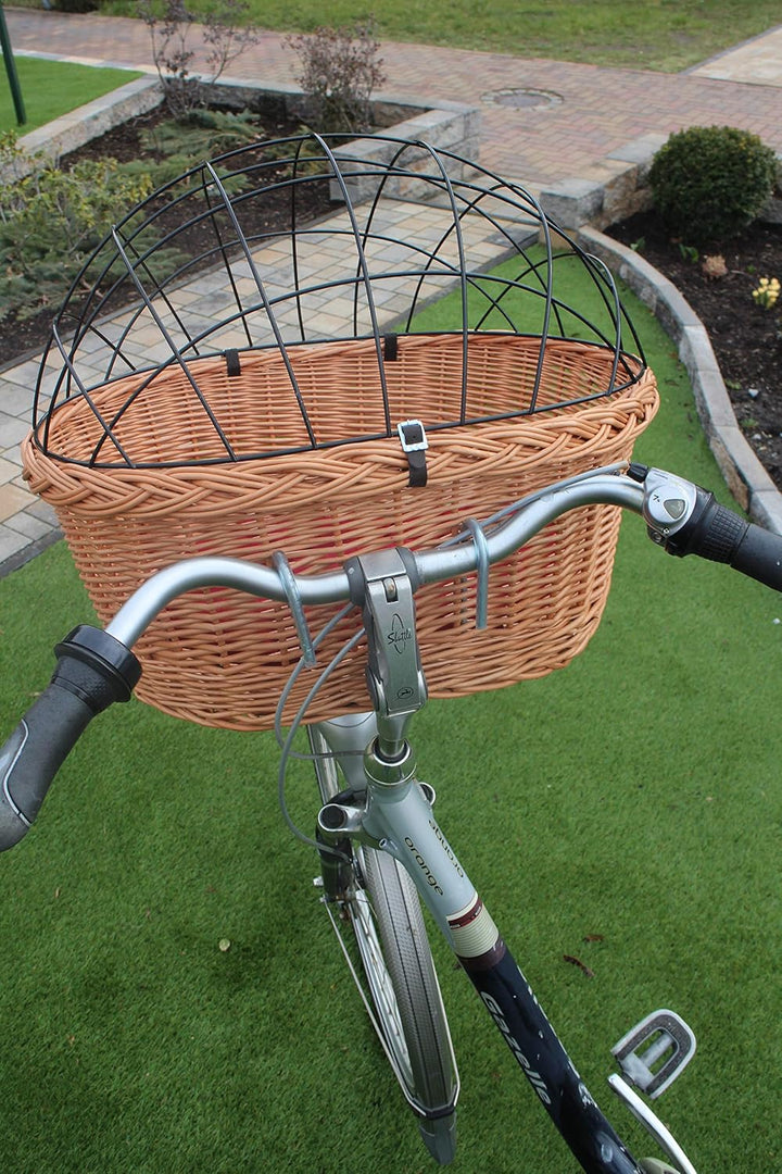 Hundefahrradkorb für Fahradlenker aus Weide mit Metallgitter und Kissen XL oder XXL Lenkrad Weidenko
