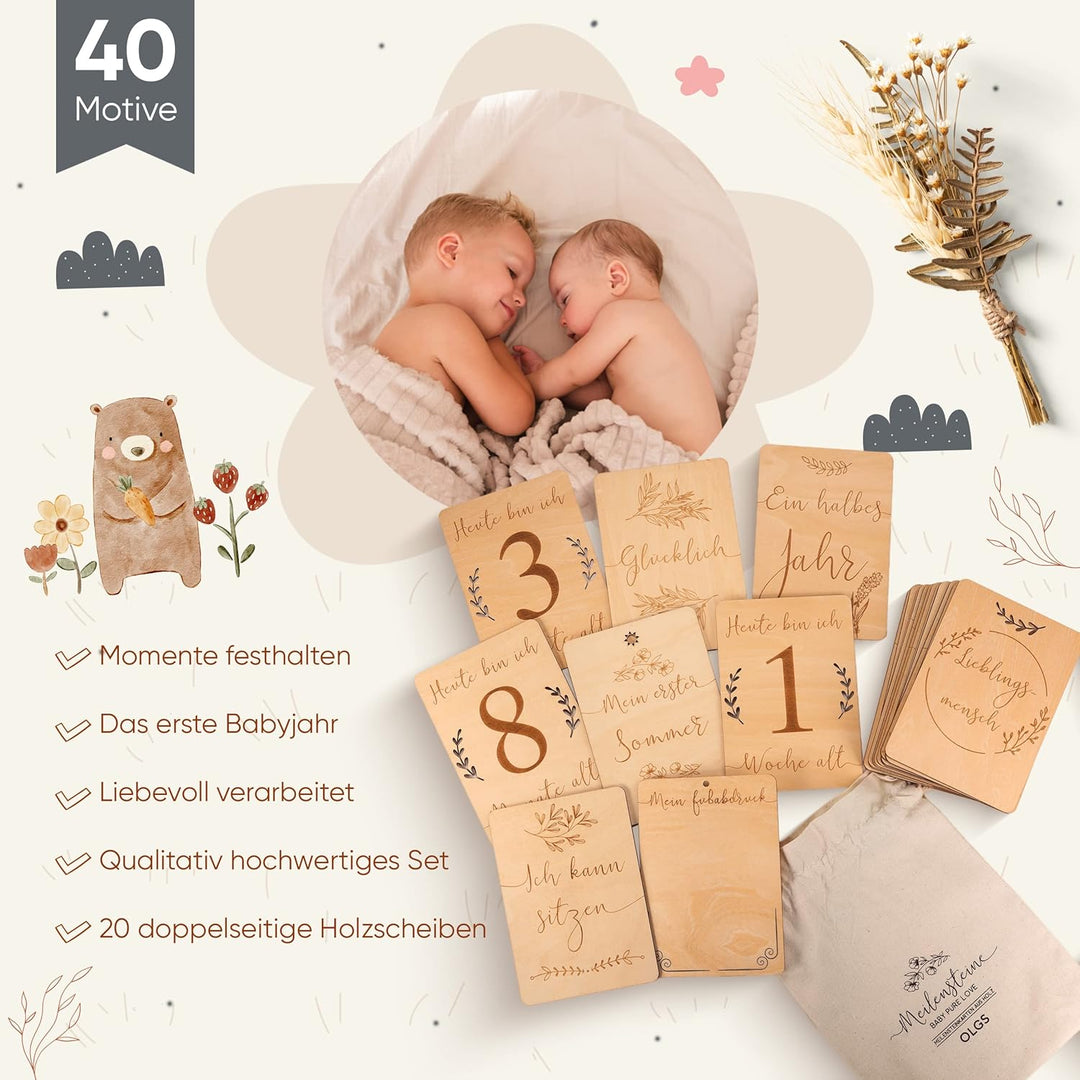 OLGS Holz Meilensteinkarten Baby | 40 Meilensteine mit Stoffbeutel | Geschenkidee für werdende Mütte