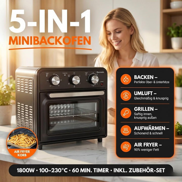 Sommertal Minibackofen 20 Liter mit Umluft & Heissluftfritteuse, Mini Backofen 1800W zum Backen, Gri