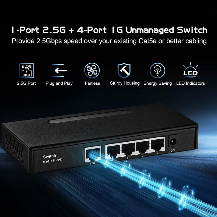 Binardat 5 Port Multi Gigabit Switch, 1 x 2.5 Gigabit and 4 x 1 Gigabit Ethernet RJ-45 Ports, Metal