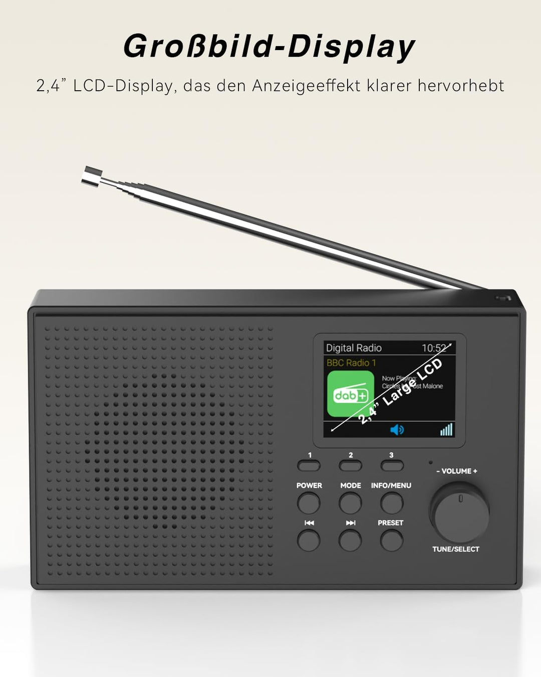 Tragbarer DAB DAB+ Radio mit Bluetooth, UKW Digital Radio, FM Wiederaufladbar Radio mit 2,4" Farbdis