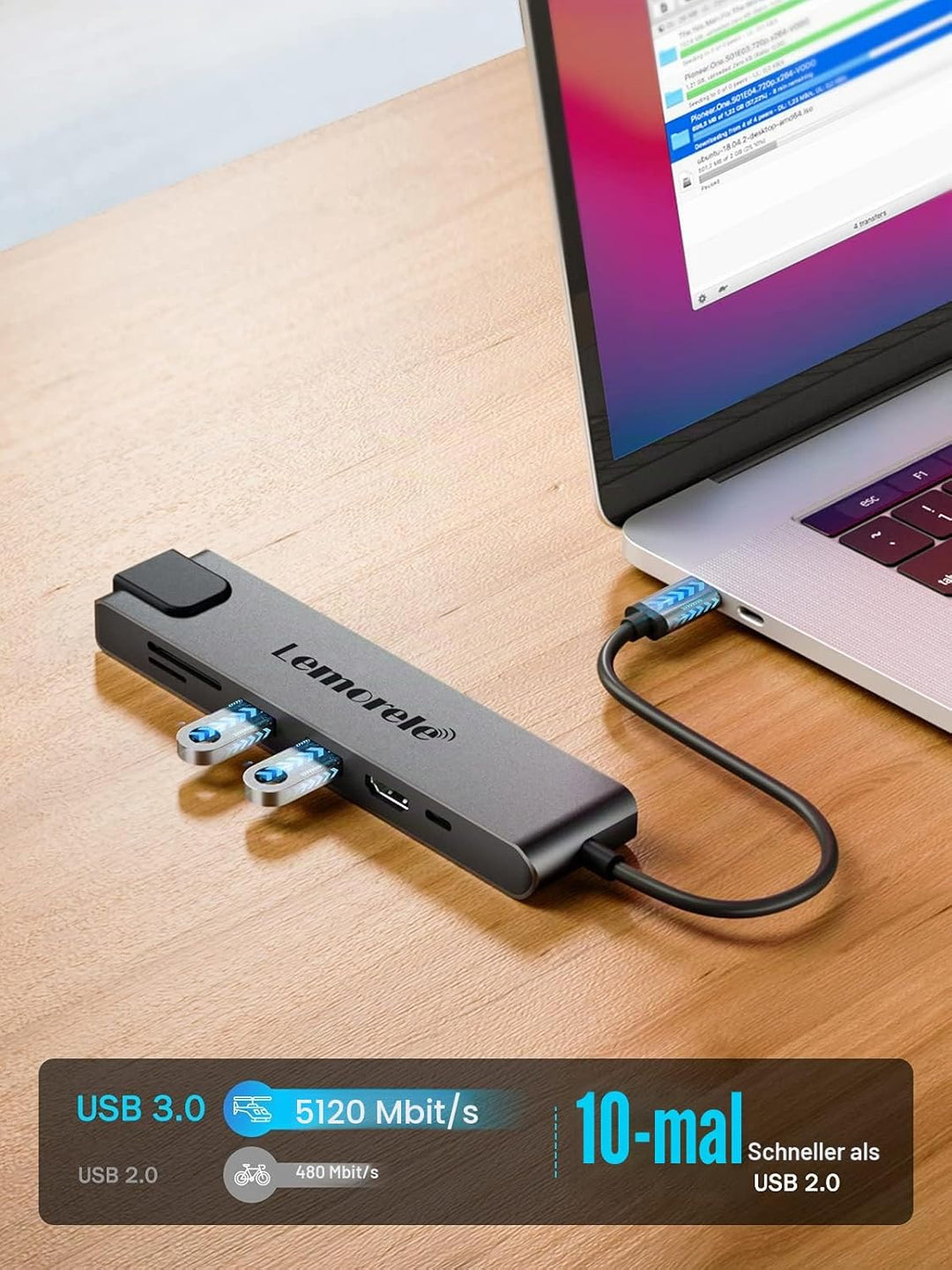 Lemorele USB C Hub, 7 in 1 USB C Aluminiumgehäuse Multiport Adapter mit RJ45, 100W PD, 4K HDMI, 2 US