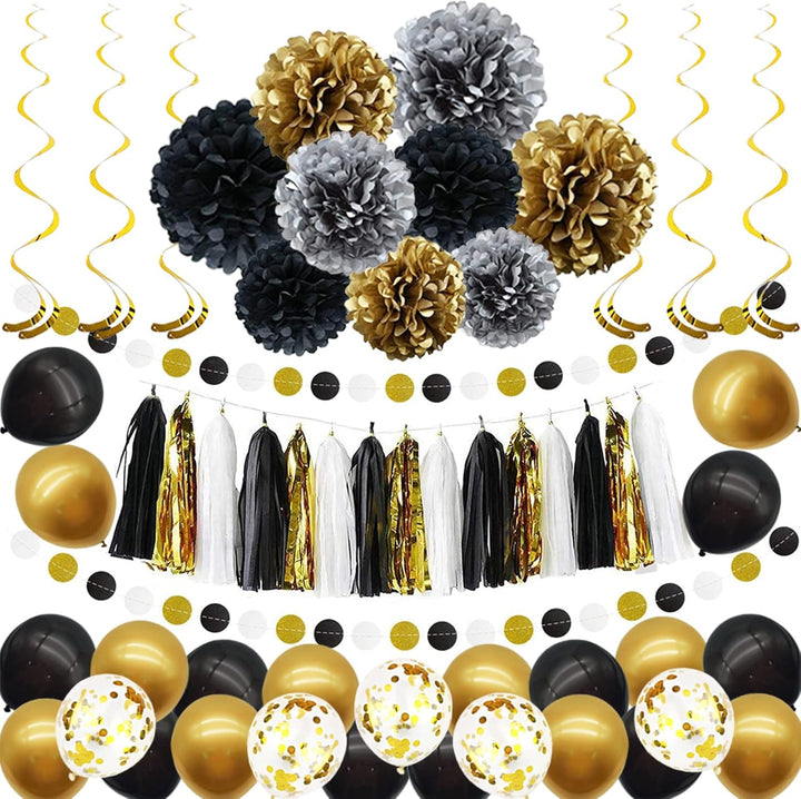 Party Dekoration Set, 57 Stück Schwarz Gold Party Deko, Luftballons, DIY Party Papier Pompoms Blumen