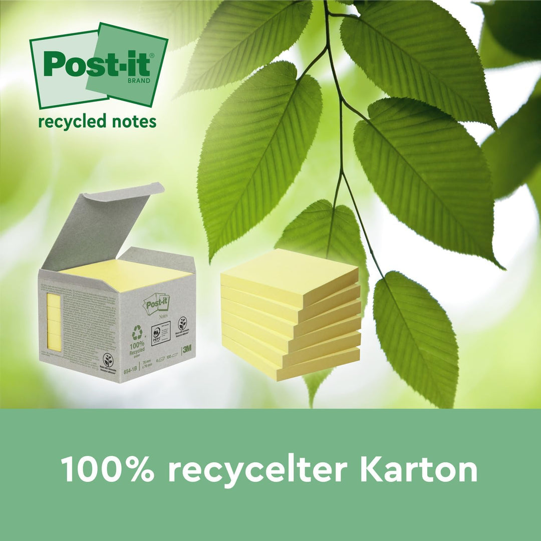 Post-it 654-1T Haftnotiz Recycling Notes Tower, 76 x 76 mm, 80 g, 100 Blatt, 16 Block, gelb 76 x 76