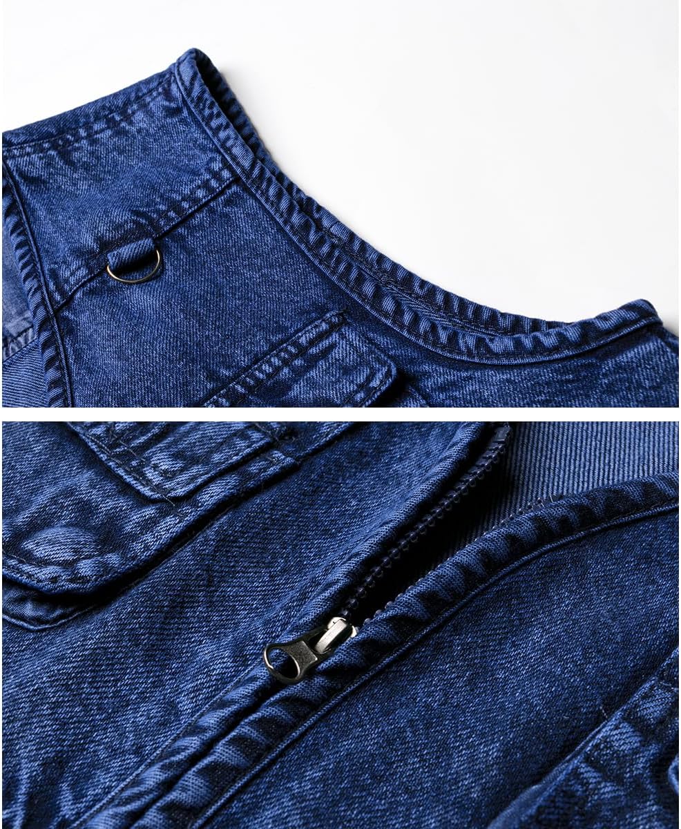 KTWOLEN Herren Denim Westen Casual Biker Jeansweste Multi-Taschened Motorradweste Outdoor Ärmellos A