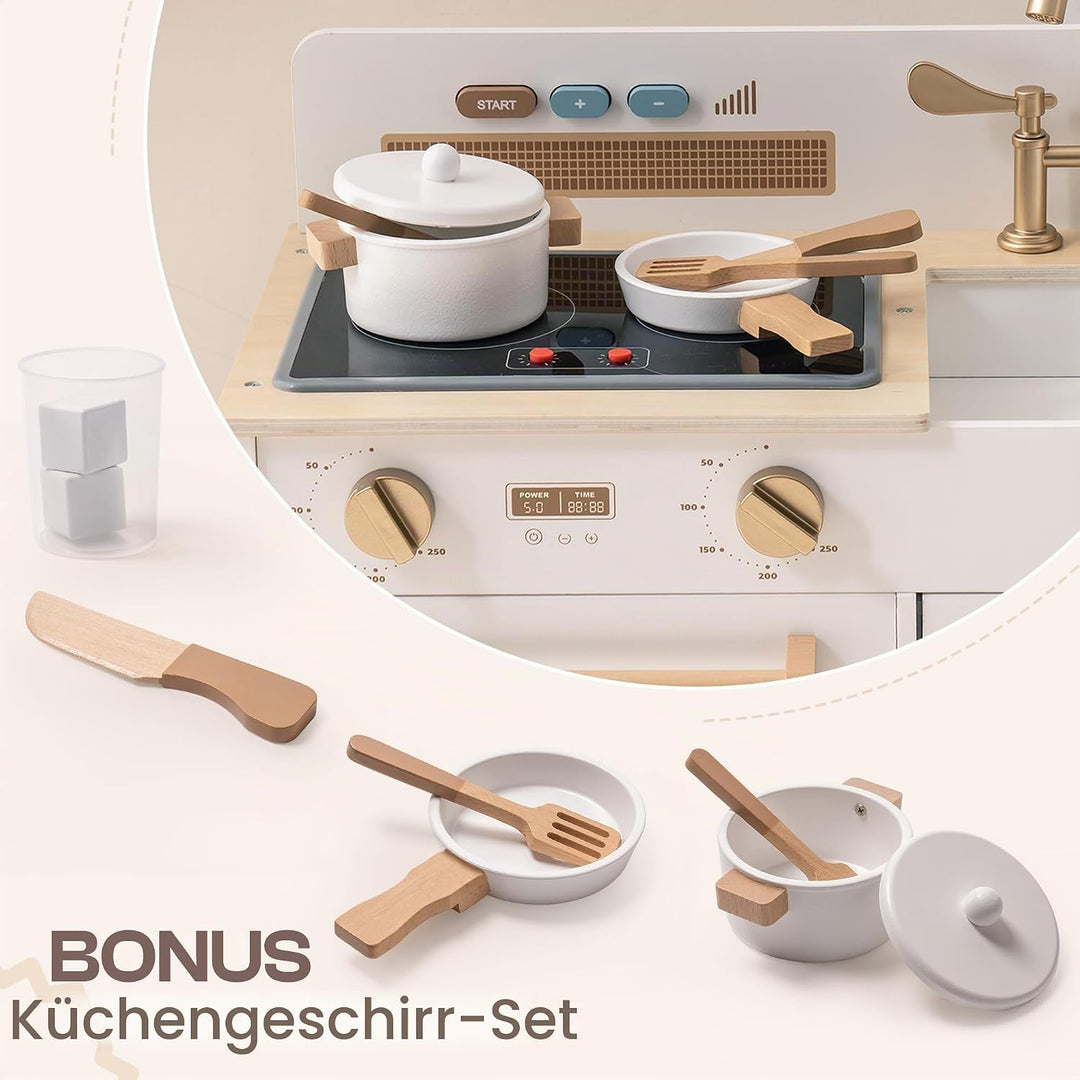 ROBUD Kinderküche Holz | Montessori Spielküche mit Sound &amp; Licht, Eiswürfelspender, Kinder Küche mit