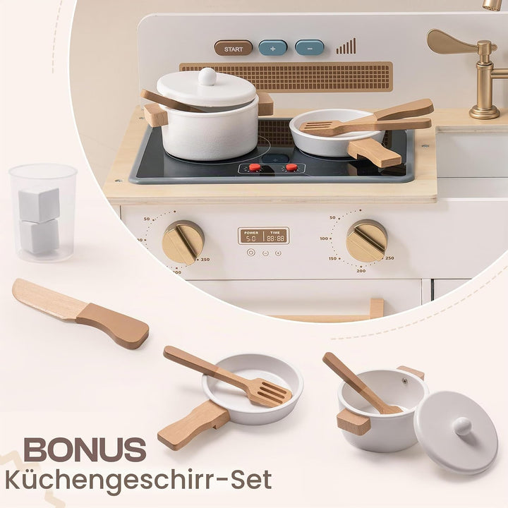 ROBUD Kinderküche Holz | Montessori Spielküche mit Sound &amp; Licht, Eiswürfelspender, Kinder Küche mit