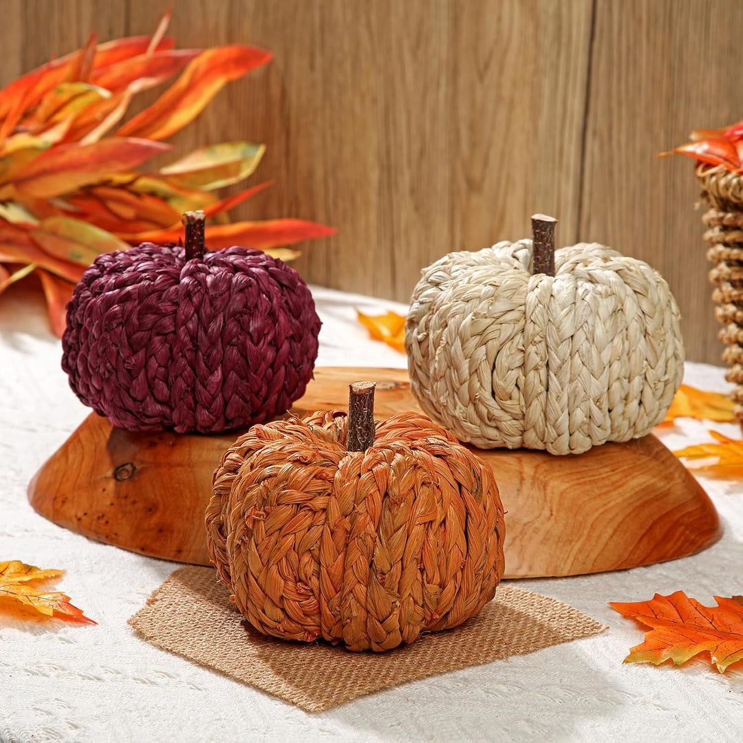 Hollyone 3er-Set Künstlicher Kürbis Herbstdeko Kleine Kürbisse Deko Orange Rot Beige Gewebte Kürbiss
