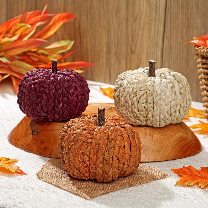 Hollyone 3er-Set Künstlicher Kürbis Herbstdeko Kleine Kürbisse Deko Orange Rot Beige Gewebte Kürbiss