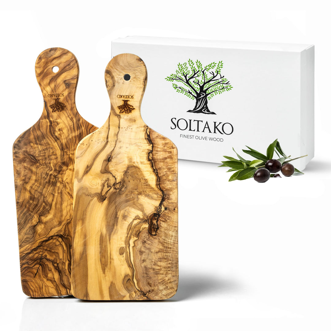SOLTAKO 2er Set Frühstücksbrettchen aus exklusivem Olivenholz ca. 29 x 12,5 x 2cm (inklusive Griff),