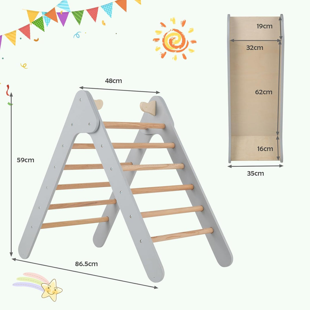 DREAMADE 2 in 1 Kletterdreieck mit Rutsche, Kletterspielzeug Holzdreieck Sprossendreieck Klettergerä