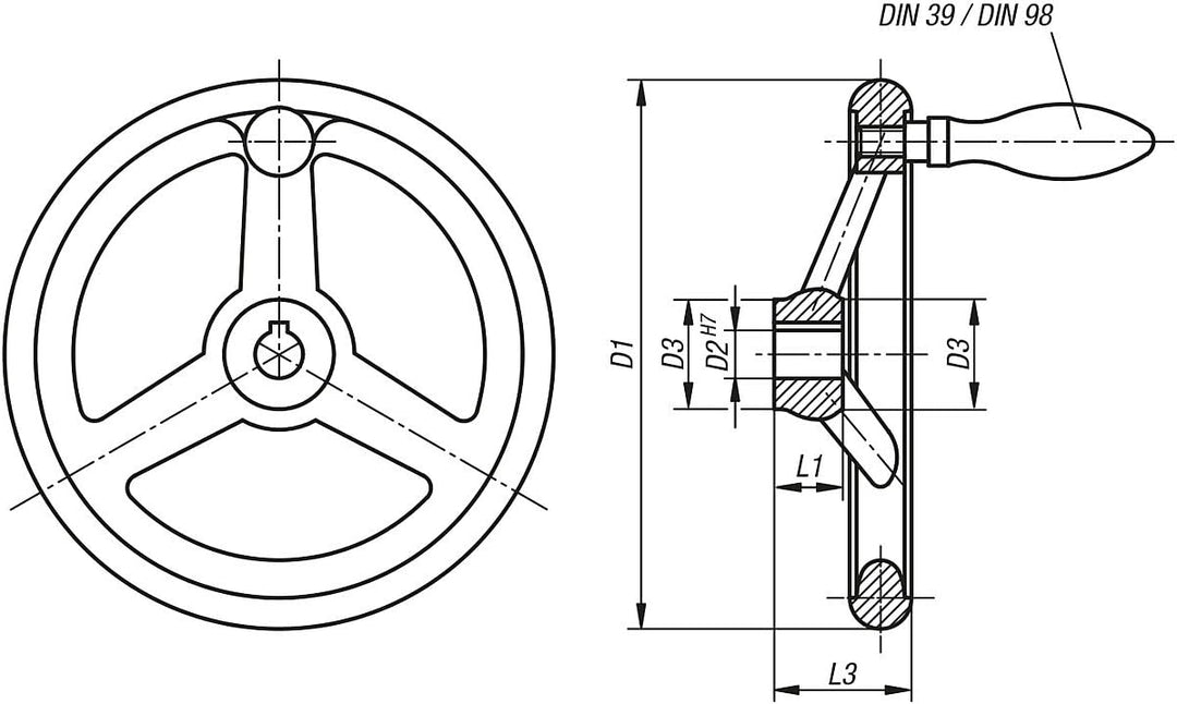 KIPP – Bedienteile | Normelemente K0671.5140X16 Handrad mit Nut Grauguss, Komp:Stahl, D2=16, D1=140,