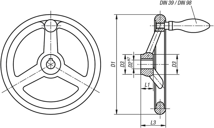 KIPP – Bedienteile | Normelemente K0671.5140X16 Handrad mit Nut Grauguss, Komp:Stahl, D2=16, D1=140,