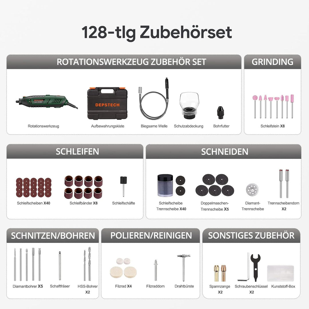 DEPSTECH Multifunktionswerkzeug 200W, Rotationswerkzeug Set mit 128 Zubehörteilen, 6 Variable Drehza