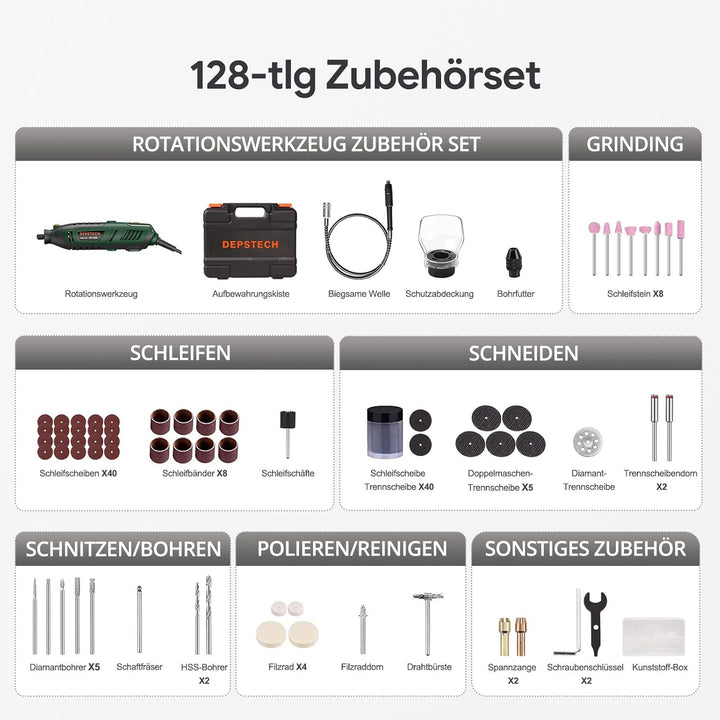 DEPSTECH Multifunktionswerkzeug 200W, Rotationswerkzeug Set mit 128 Zubehörteilen, 6 Variable Drehza