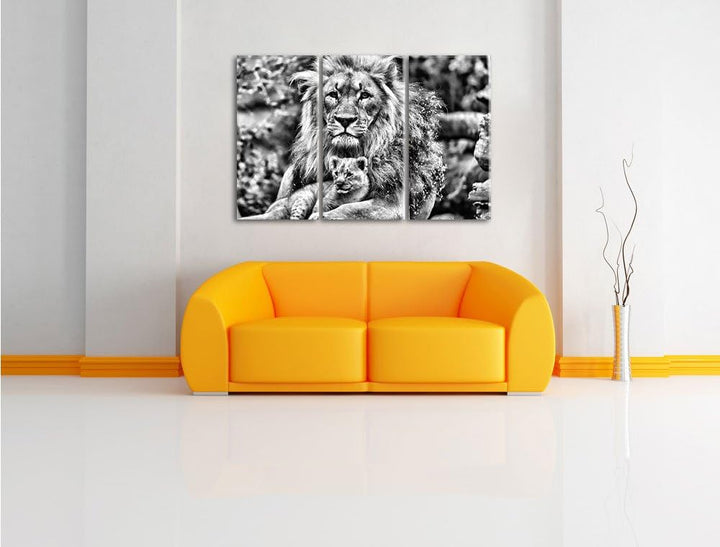 Pixxprint Löwe kuschelt mit Jungtier als Leinwandbild/Grösse: 3 Teilig (120x80) cm/Wandbild/Kunstdru