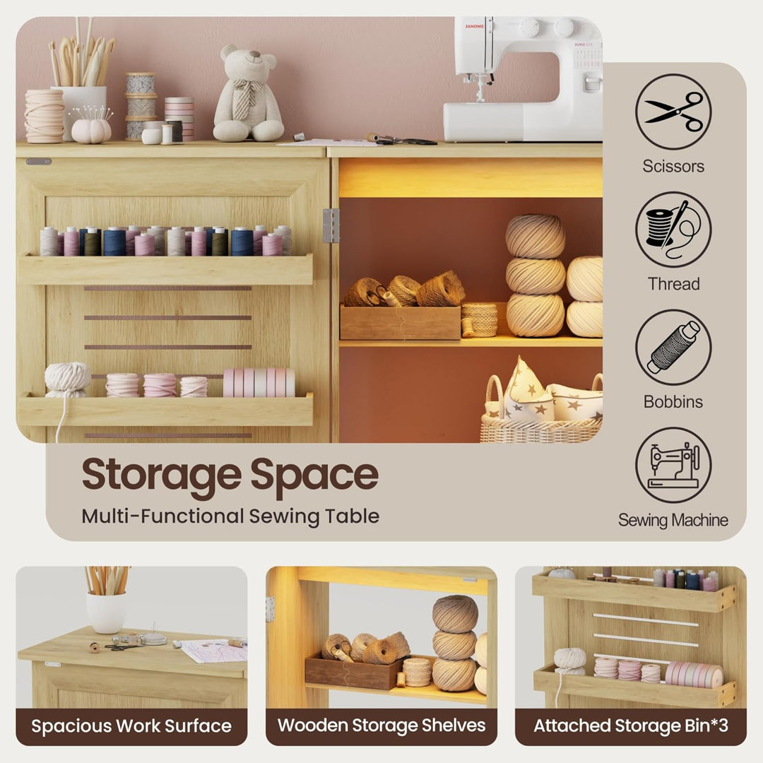 Gurexl 2 in 1 Nähtisch klappbar mit Ladestation und Led Beleuchtung,Nähmaschinentisch mit Ablagefach