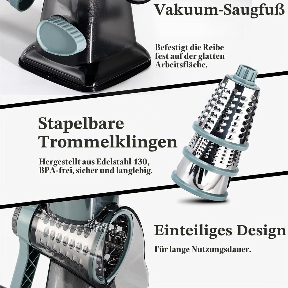 Dreamhigh® Käsereibe mit Kurbel, Gemüseschneider 3 Edelstahl Austauschbaren Trommelklingen, Manuelle