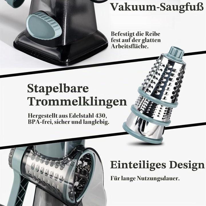 Dreamhigh® Käsereibe mit Kurbel, Gemüseschneider 3 Edelstahl Austauschbaren Trommelklingen, Manuelle