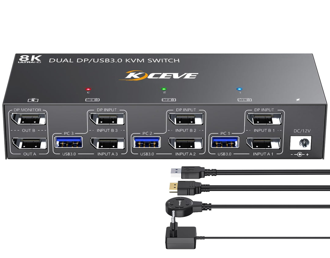 USB 3.0 KVM Switch 3 PC 2 Monitore Displayport 4K@144Hz, KVM Switch Dual Monitor Displayport 1.4 für