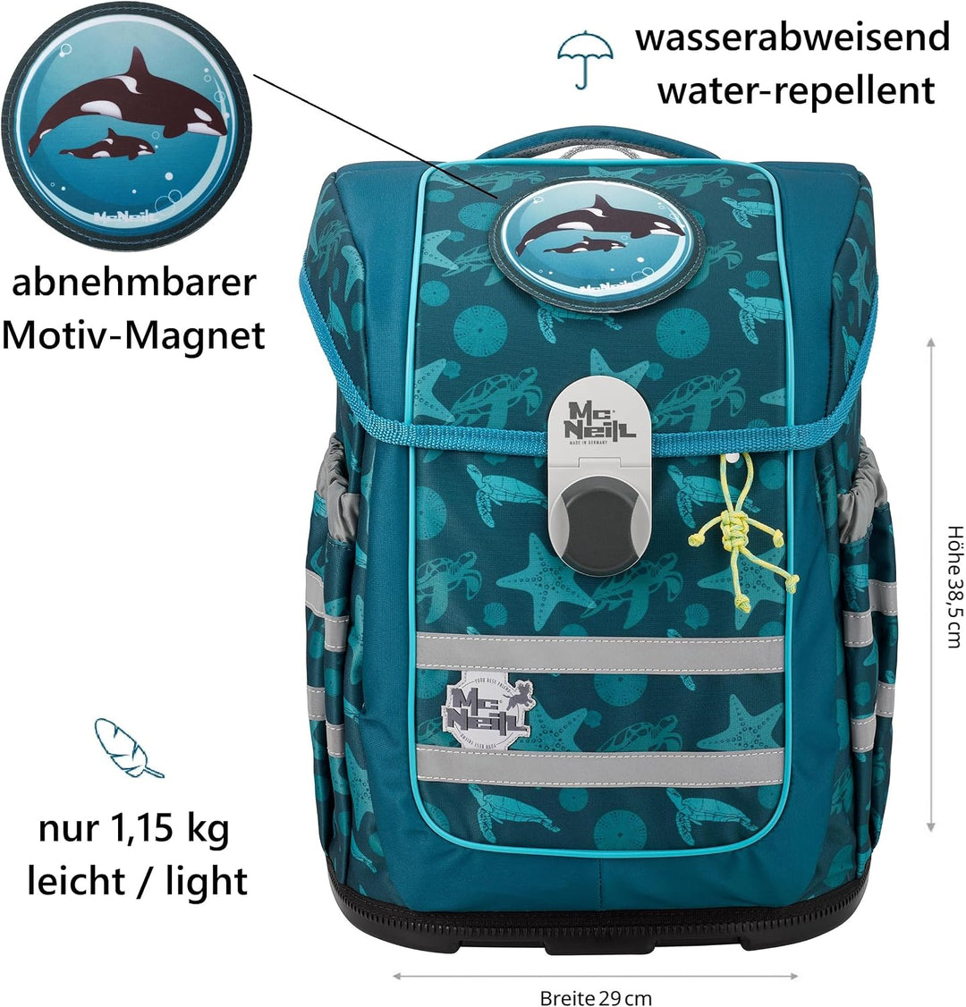 Familando - McNeill Ergo Complete Schulranzen Set - 6-teilig mit Federmappe - Orca Wal - Ergonomisch