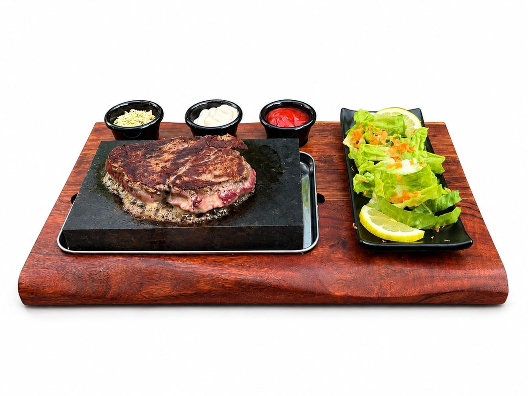 Premium Heisser Stein Steak Set – Speckstein mit massivem Akazienholzbrett, Edelstahlschale &amp; 3 Dip-