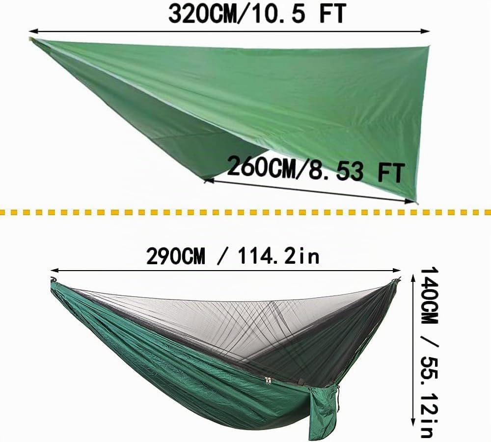 Camping Hängematten Set, Einzel Doppel Hängematte, Moskitonetz, Insektennetz, Regenfliege, hochfeste