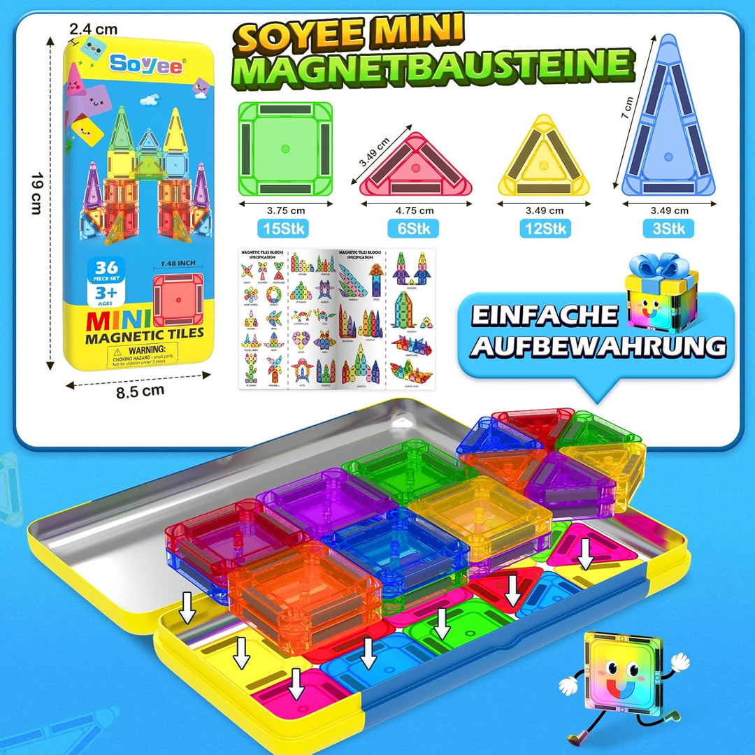 Soyee Magnetische Bausteine Reisespielzeug mit Metallbox Mini-Magnetbausteine für Kinder STEM Sensor