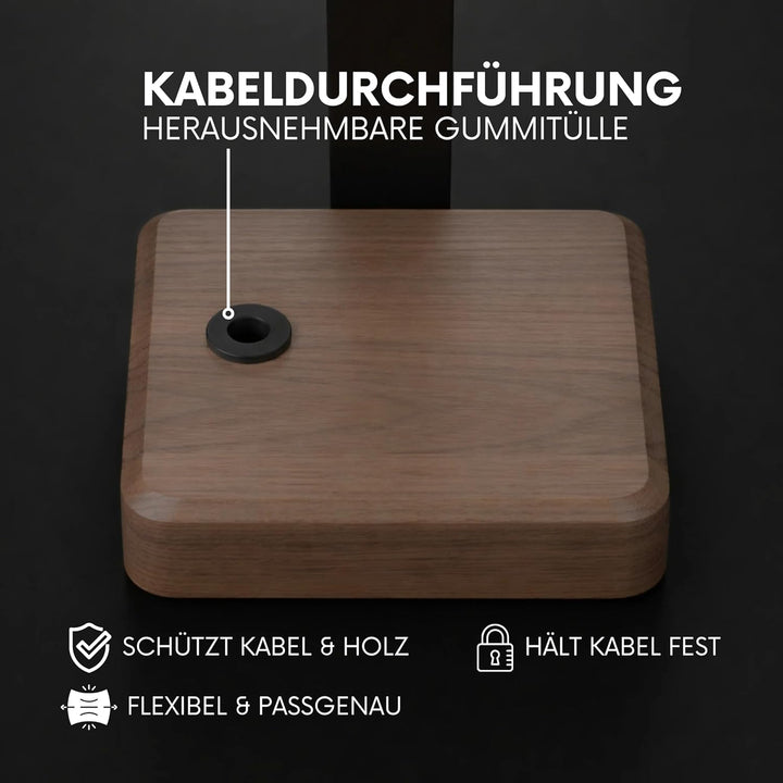 Headset Halterung aus Nussbaumholz – Kopfhörer Halterung mit schwerem Stahlblech & Lederauflage – Ko