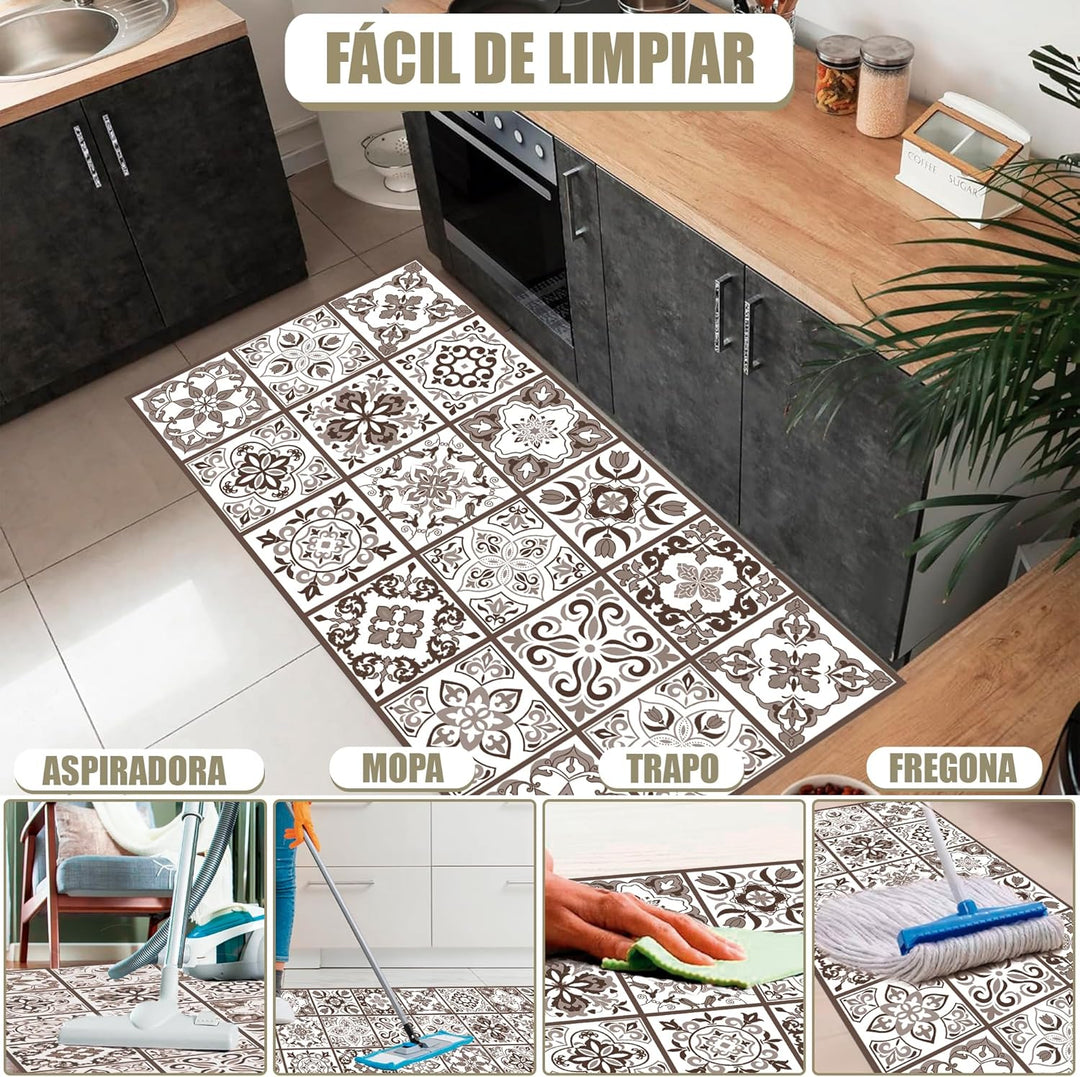 Hydraulic Vinyl-Teppich, 120 x 60 cm, Braun - Küchenteppich - Badezimmerteppich - Rutschfester Esste
