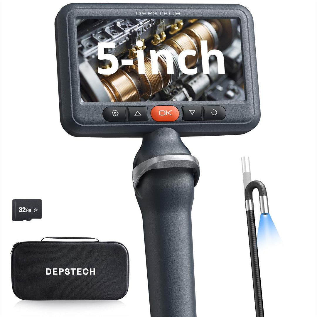 DEPSTECH 210° Drehbare Endoskopkamera mit Licht, 5" IPS-Bildschirm Endoskop Beweglicher Kopf, 6,2mm