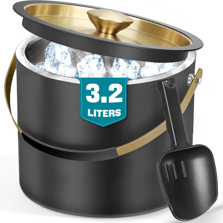 3.2L Eiswürfelbehälter mit Deckel und Schaufel, Edelstahl Eiskübel Doppelwandiger Isolierter Eisbehä