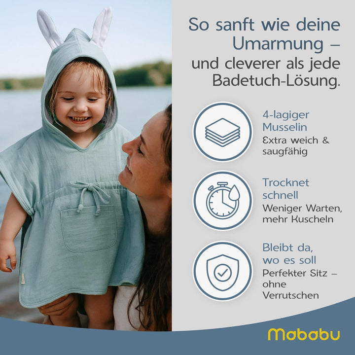 Mababu Badeponcho Baby & Kinder EXTRA weich (100% Bio-Baumwolle) | Kinder Badeponcho 1-7 Jahre| Hand