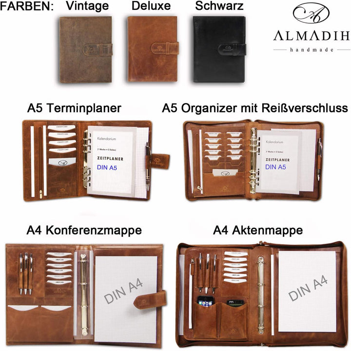 ALMADIH Leder A5 Schreibmappe mit Schreibblock Premium Rindsleder Schwarz Onyx Ledermappe Mappe Doku