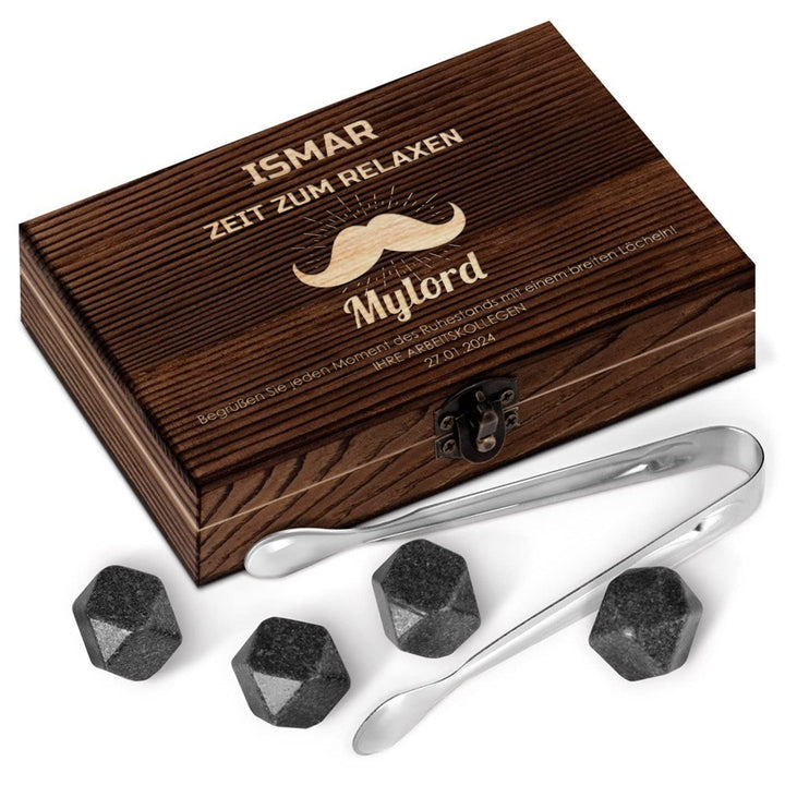 Maverton Whisky Steine Set - in Holzbox - personalisiert - 6 Eiswürfel + Zange + Velourbeutel - Kühl