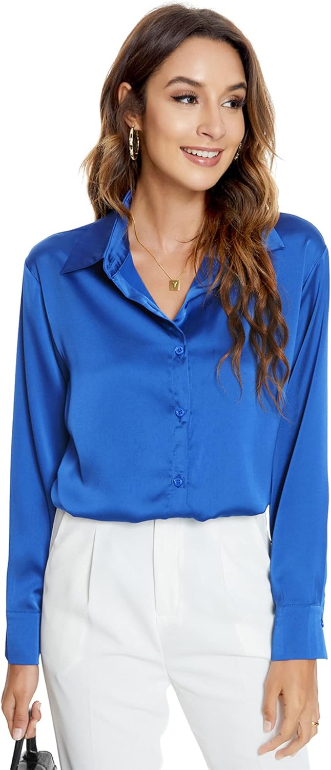 Atnlewhi Damen Bluse Langarm Knöpfen Satin Seide Hemden Basic Kent Kragen Arbeit Büro Formelle Casua