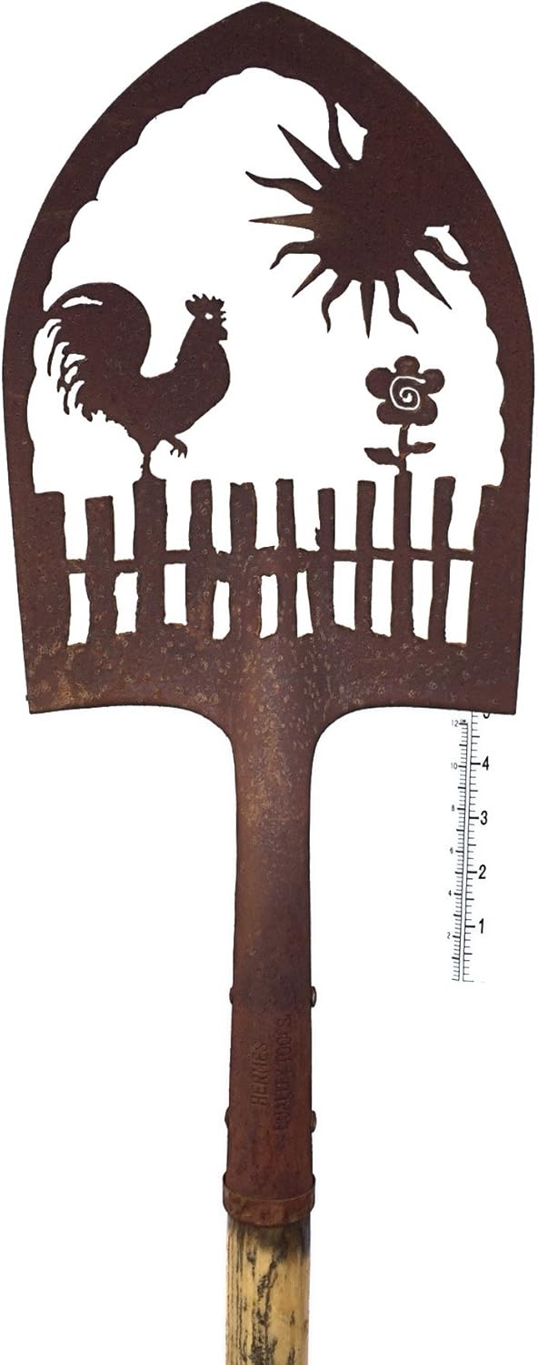 Crispe home & garden Edelrost Deko-Schaufel mit Regenmesser - Hahn auf Gartenzaun - Gartendekoration