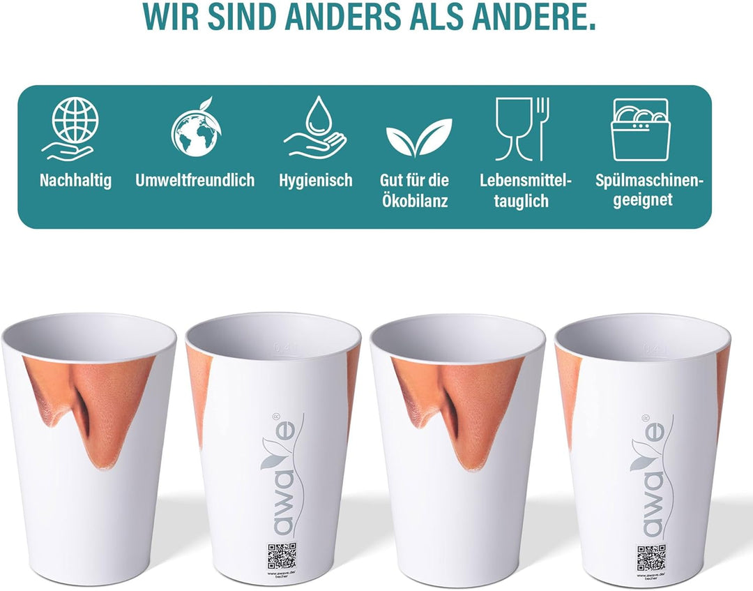 AWAVE Festival Becher Set 4-teilig aus rPET, 400 ml, mit Eichstrich, Stapelbar, Mehrweg Wiederverwen