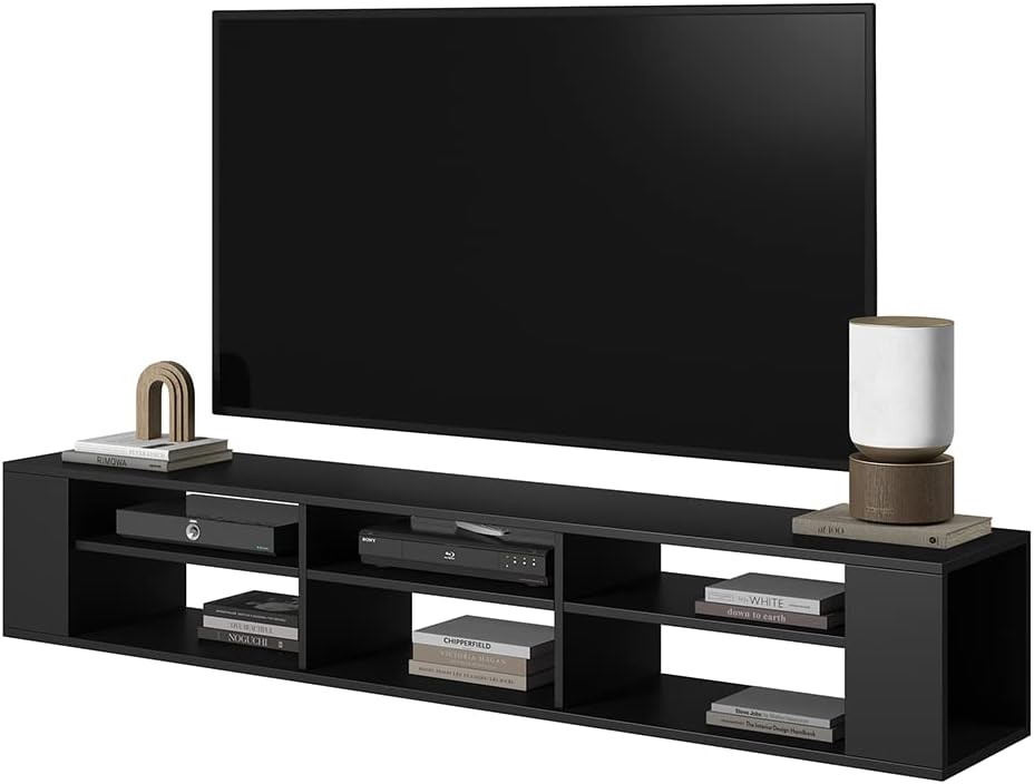 Selsey Weri - TV-Board hängend mit 6 offenen Fächern, minimalistisch, 175 cm breit (Schwarz), Schwar