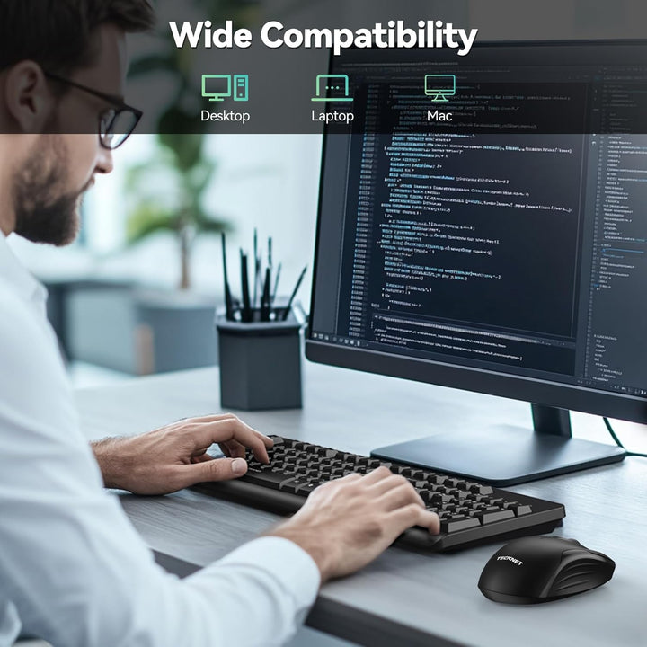 TECKNET Tastatur Maus Set Kabellos, QWERTZ Layout Funktastatur mit Maus, Vollformat, Spritzwasserges