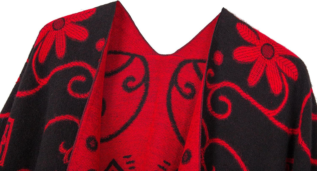 Poncho im Retro-Stil, Vintage-Muster, Quaste, Umhang für Damen Schwarz, Schwarz